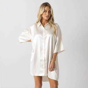 NWOT Foxy Kind High Class Button Up Oversized Cream Satin Shirt Dress